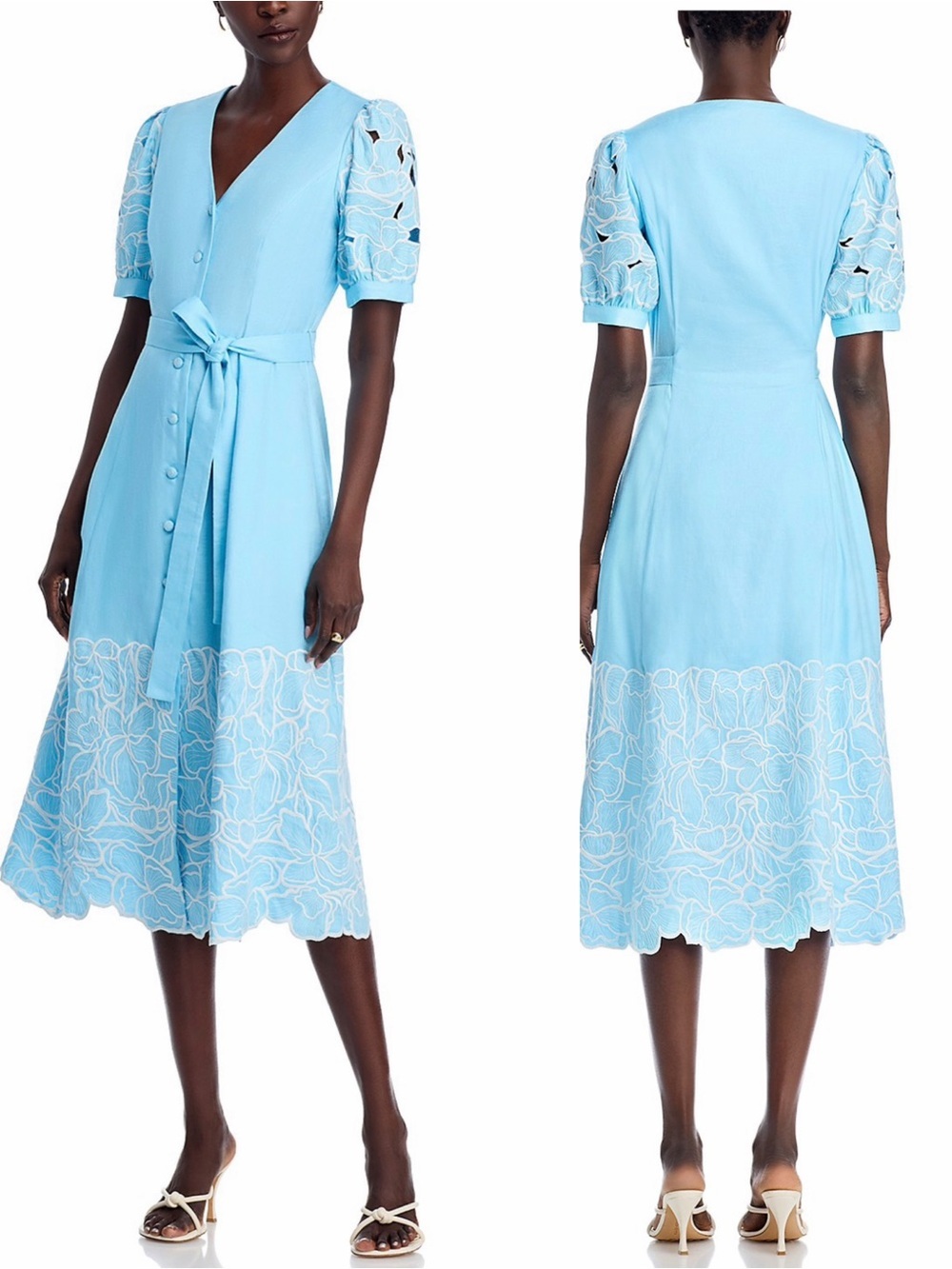 Elie Tahari The Jade Linen Eyelet Button Down Puff Short Sleeve Midi-Dress NEW